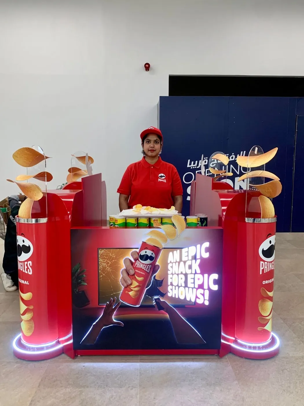 Pringles promoter at a branded stand with the mascot (1)
