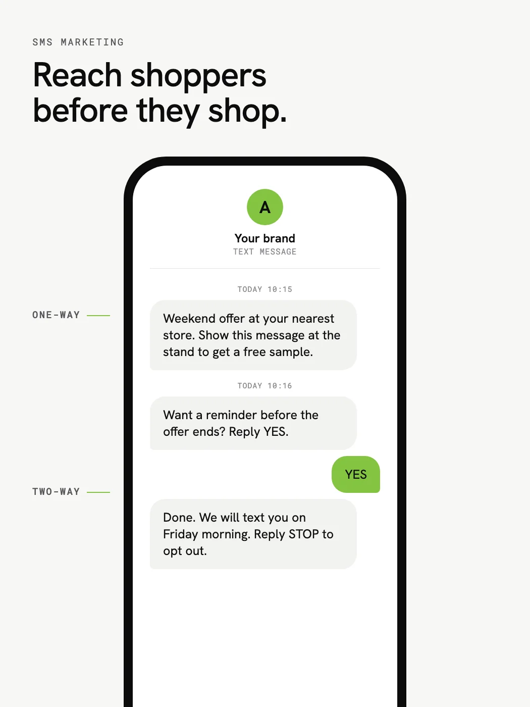Phone showing an SMS marketing thread